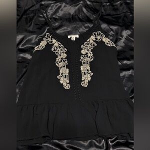 Black Top with Embroidery and Lace Eyelets